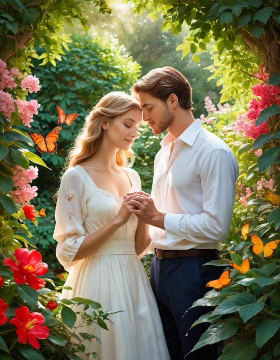 A serene and intimate scene of a couple sharing a quiet moment in a lush garden, surrounded by blooming flowers symbolizing love and connection. Soft sunlight filters through the leaves, creating a warm and inviting atmosphere. Include elements like intertwined hands, heart-shaped leaves, and gentle butterflies fluttering nearby to emphasize the nurturing aspect of romance. impressionistic style. vibrant colors. natural light.