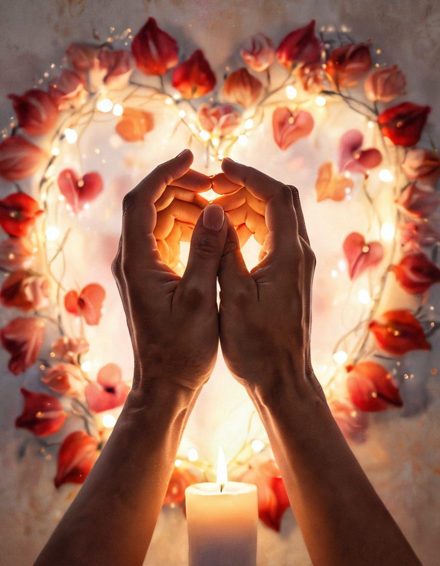 A serene and intimate scene depicting two hands intertwined, surrounded by soft petals and warm candlelight, symbolizing devotion and passion. The background shows a blurred heart shape made of twinkling fairy lights, creating a romantic atmosphere. Add delicate watercolor strokes to enhance the emotion and depth of the image. painting. vibrant colors.