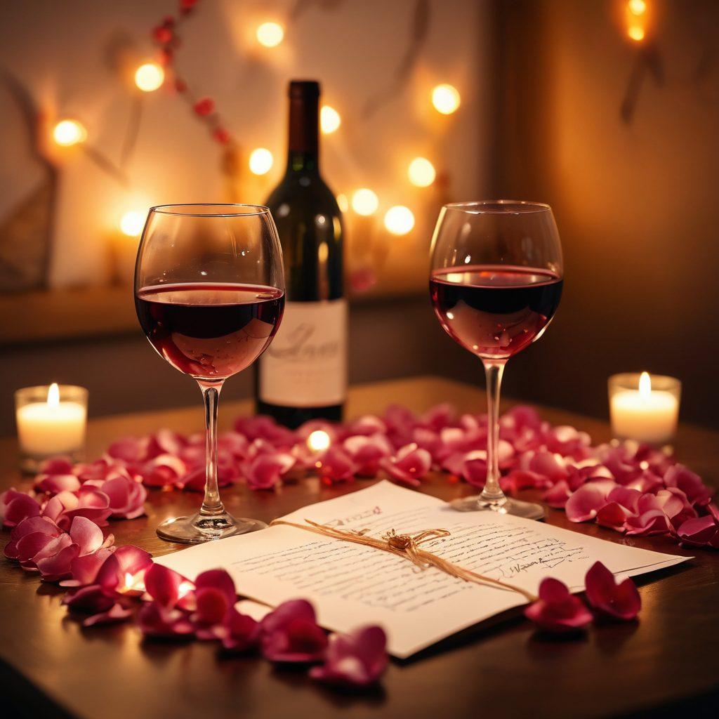 A cozy candlelit dinner setting for two, adorned with soft rose petals, gentle heart shapes formed by shimmering fairy lights in the background, and a warm bokeh effect that enhances the romantic atmosphere. Include a handwritten love letter and two wine glasses clinking in the foreground, symbolizing connection and affection. soft focus. warm tones. super-realistic.